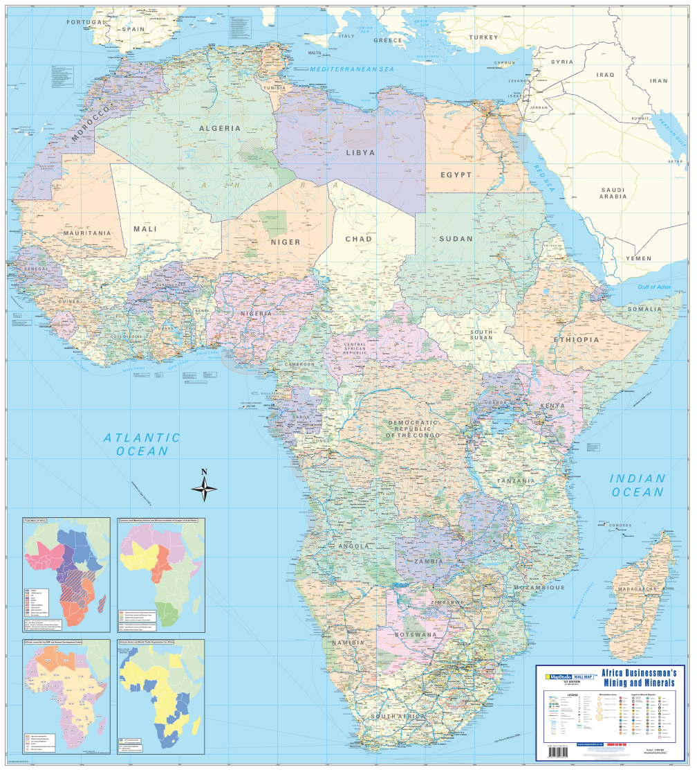 Map of Africa with country names and a scale bar, featuring insets of Africa showcasing different information.