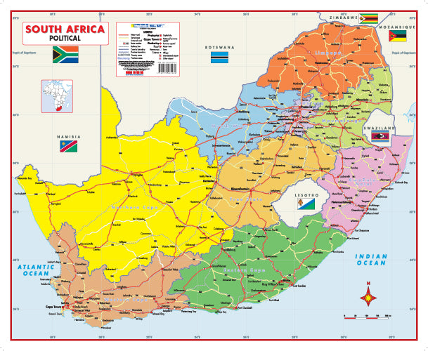 Map of South Africa with political divisions and flags of neighbouring countries.