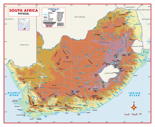 Map of South Africa showing physical features with a red border.