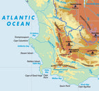 Map of the Western Cape region in South Africa with topographical features and water bodies.