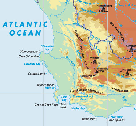 Map of the Western Cape region in South Africa with topographical features and water bodies.