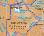 Map of Botswana with key geographical features labeled