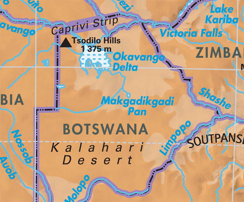 Map of Botswana with key geographical features labeled