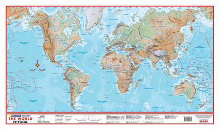 World map with physical geography features on a blue background