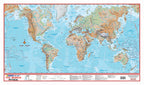 World map with physical geography features on a blue background