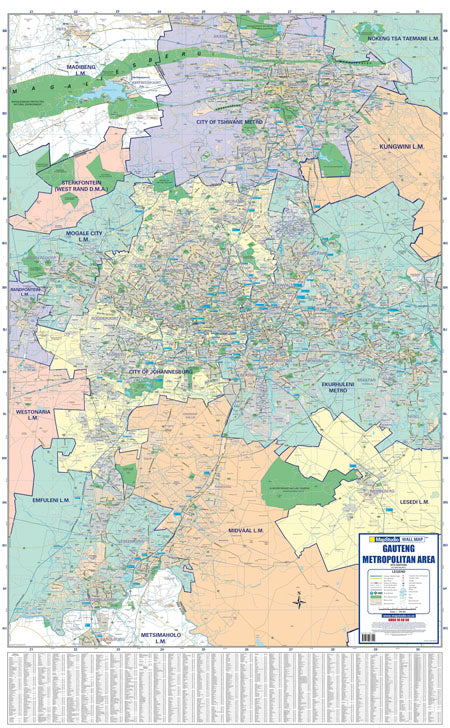 Map of the Gauteng metropolitan area with various colored regions showcasing each municipality.