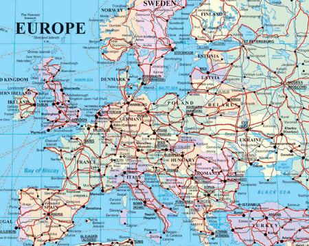 Map of Europe with labelled countries and roads.