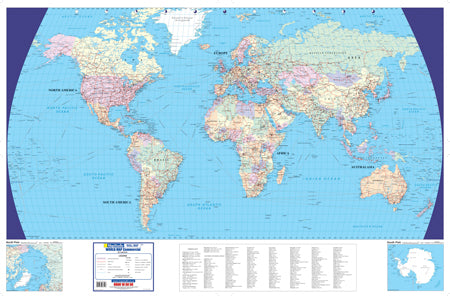 World map with political divisions on a blue background