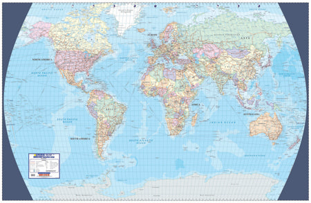 World map with political boundaries on a blue background