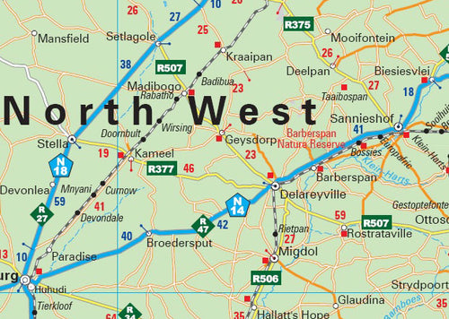 Map of North West province with roads and towns labelled.