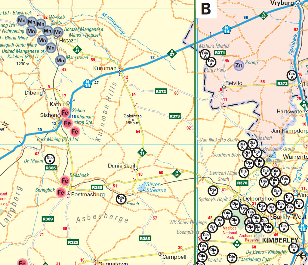 Two maps showing different regions within the Northern Cape province with labelled points and routes.