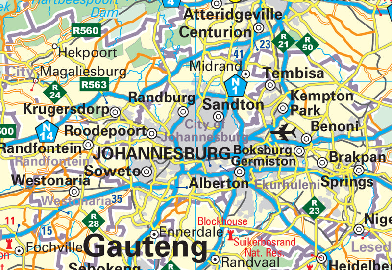 Map of Johannesburg and surrounding areas with various labels and road networks.