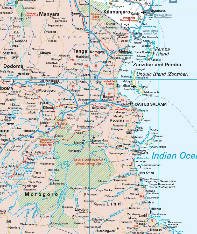 Map of Tanzania with various locations labelled.