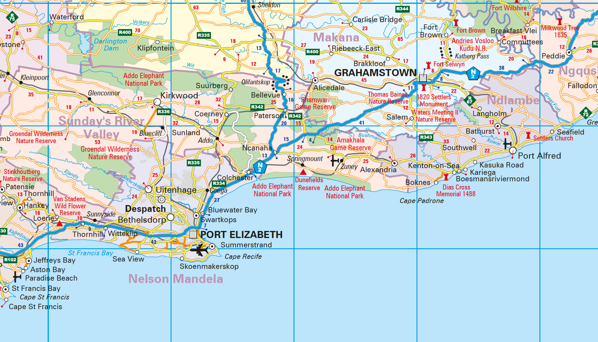 Map of the southern region of the Eastern CApe province and surrounding areas with various labels and colours.