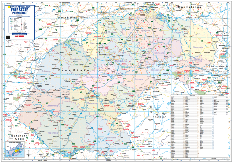 Map of Free State Province, South Africa with roads and cities labeled.