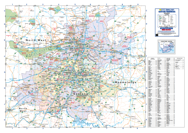 Map of Gauteng with various labels and a list of place names on the right side.