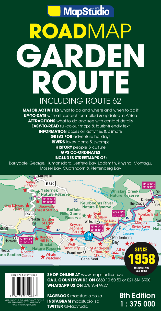 Cover of a road map of the Garden Route with an inset map.
