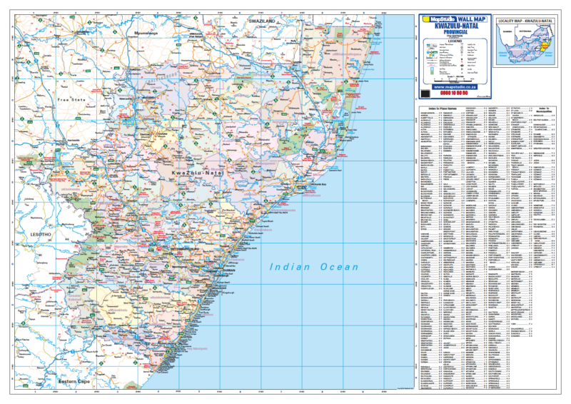 Map of KwaZulu-Natal with a detailed list of place names on the right side.