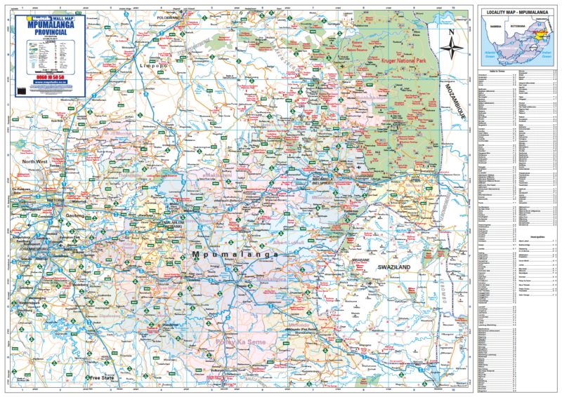 Map of Mpumalanga Province and Kruger Park with various markers and labels