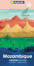 Illustrated map cover of Mozambique with mountains, a beach, and a car, featuring the MapStudio logo.