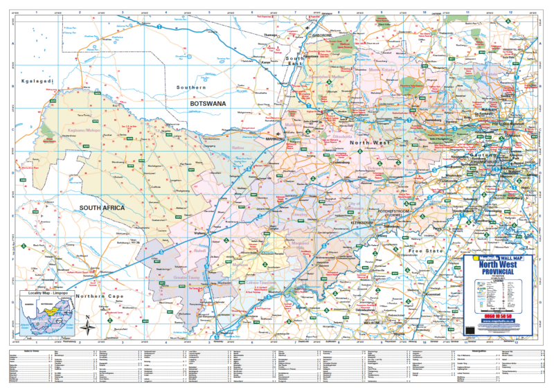 Map of the North West Province, South Africa with various colors and labels.