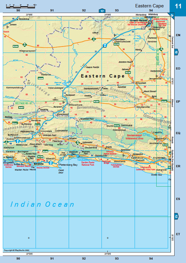 Road map of the Eastern Cape region with roads and geographical features.