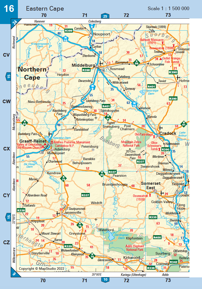Map of Eastern Cape, South Africa with roads and cities labeled.