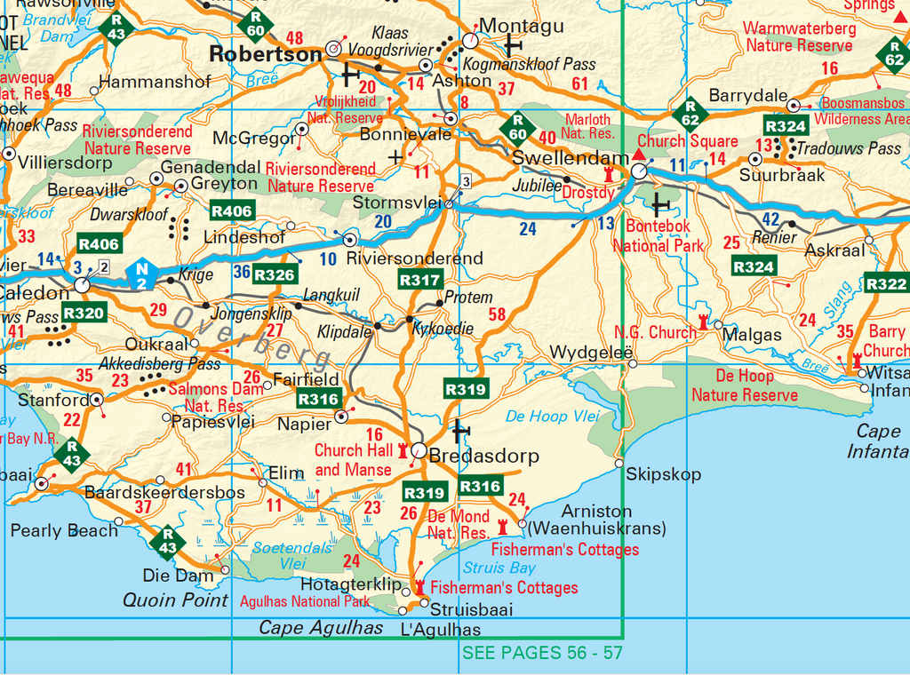 Road map of the Overberg region with various locations marked, including roads and landmarks.