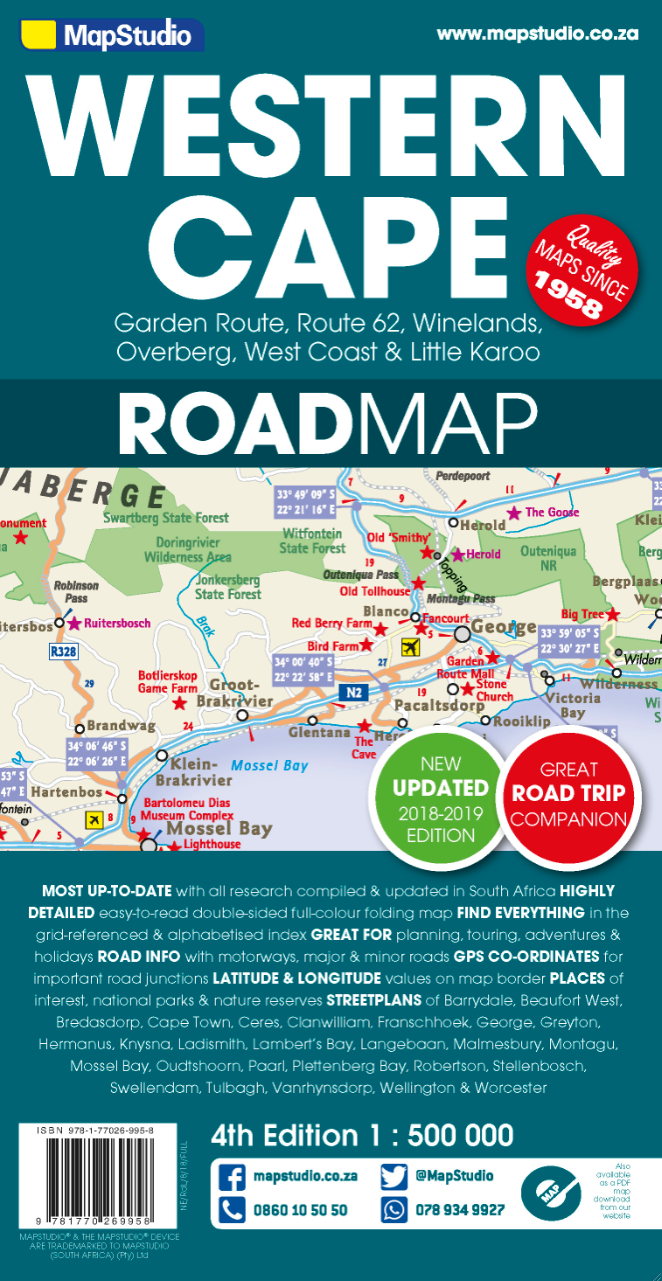 Road map of Western Cape with various routes and locations labeled.