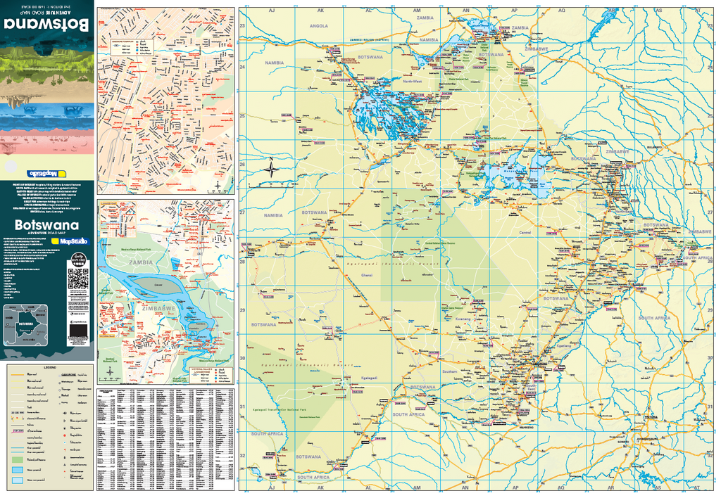 Map of Botswana with various details and a smaller inset maps on the left.