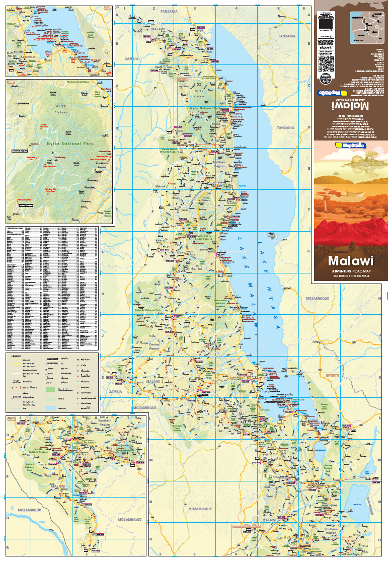 Map of Malawi with various insets and labels on a white background
