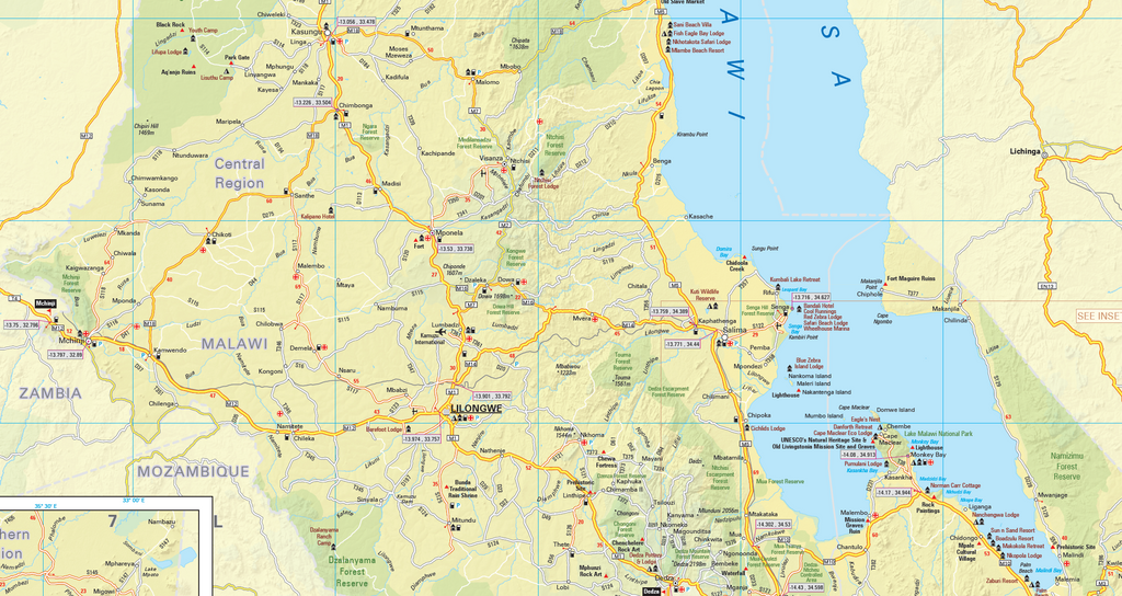 Map of Malawi with roads, cities, and borders labeled.
