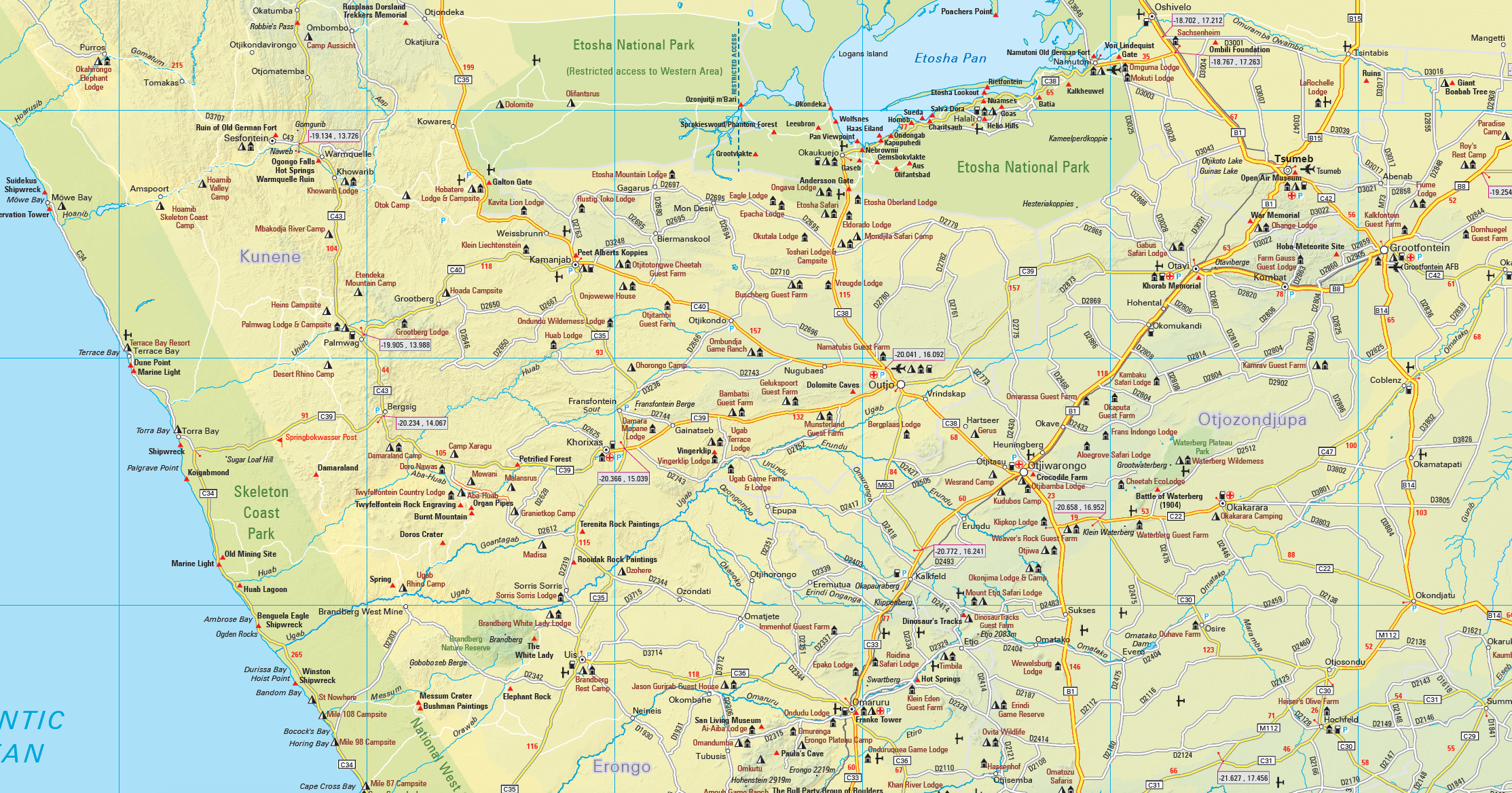 Map of Namibia with roads and towns labelled.