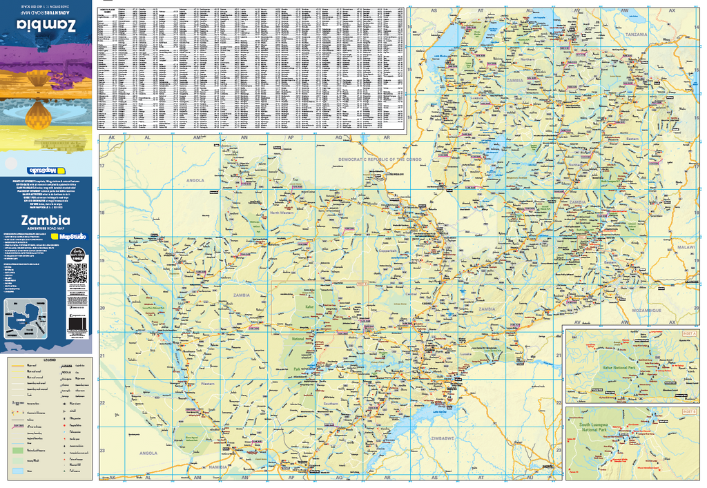 Map of Zambia with a detailed legend on the left side and list of place names at the top.