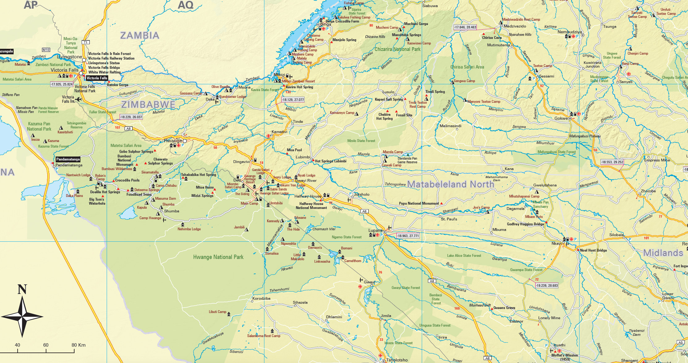 Map of north western Zimbabwe with roads and cities labelled.