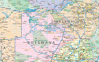 Map of Zimbabwe and Botswana with various geographical features.