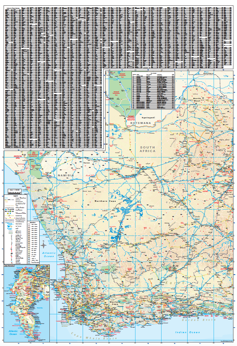 Map of South Africa with a detailed legend on the left side.