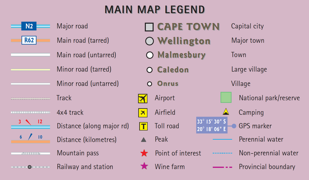 Map legend with symbols and their meanings on a purple background