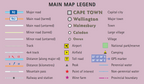Map legend with symbols and their meanings on a purple background