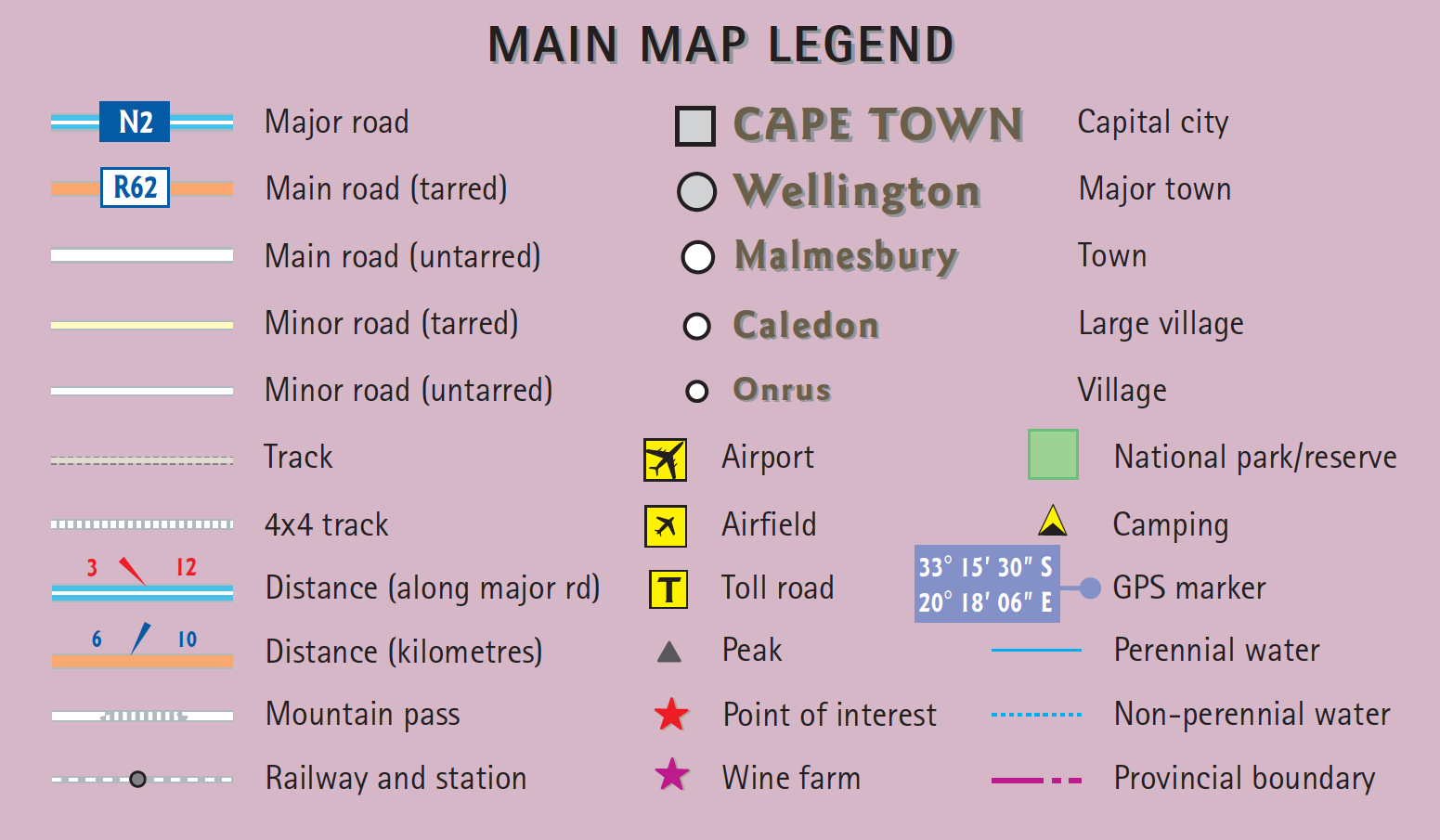 Map legend with symbols and their meanings on a purple background