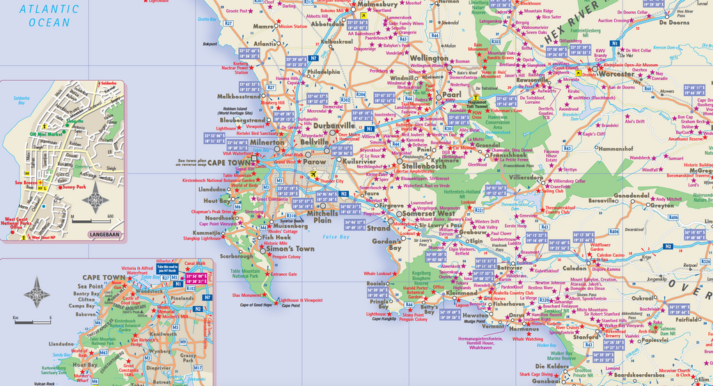 Map of the Western Cape with various locations marked.