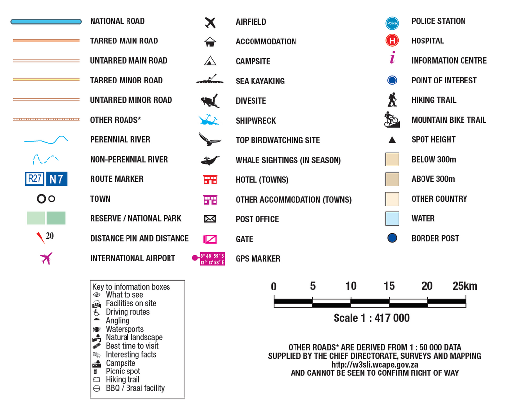 Map symbols and legend for various geographical features on a white background.