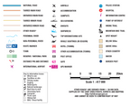 Map symbols and legend for various geographical features on a white background.