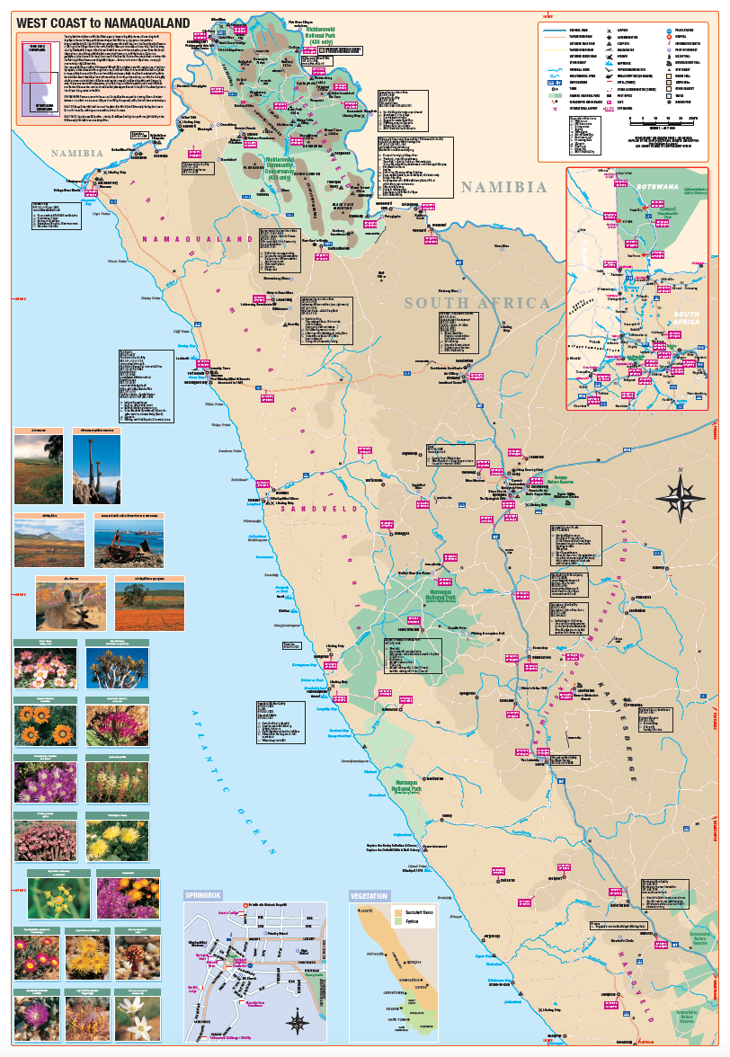Map of Namibia with various markers and information panels.