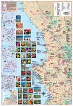 Map of the West Coast with various icons, images and map insets of towns.