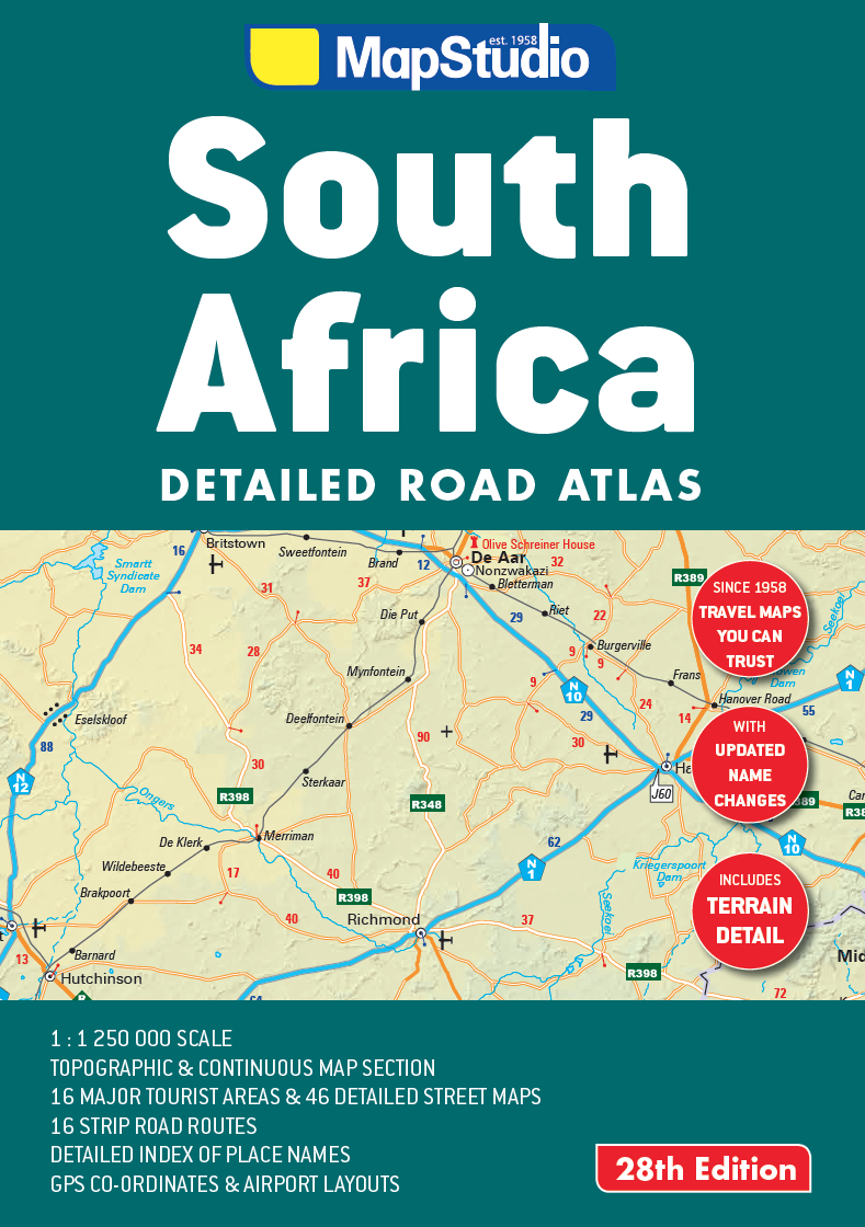 South Africa road atlas cover with MapStudio branding on a green background.