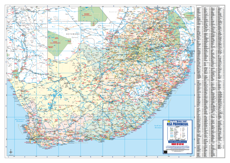 Map of South Africa with various colors and text on a white background.
