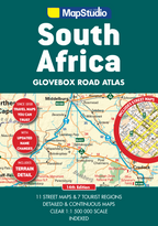 Cover of a South Africa Glovebox Road Atlas with a map inset and top features highlighted in red circles.
