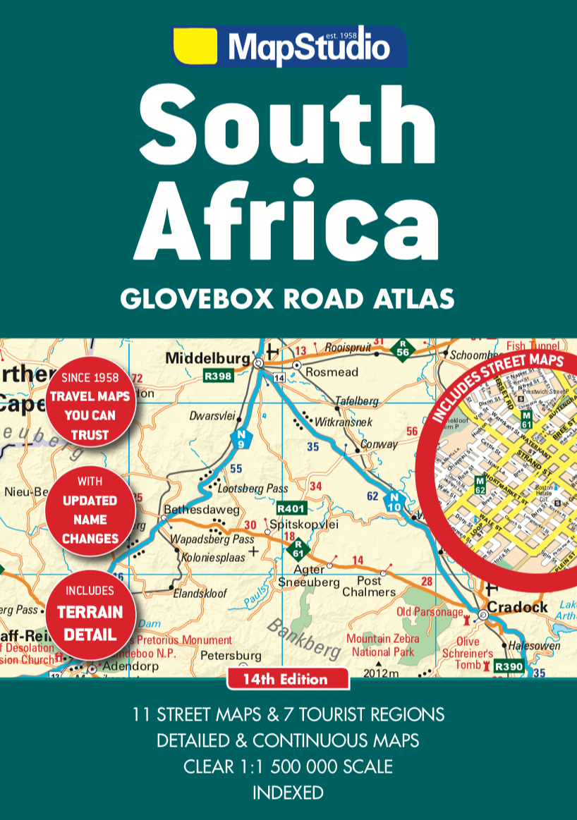 Cover of a South Africa Glovebox Road Atlas with a map inset and top features highlighted in red circles.