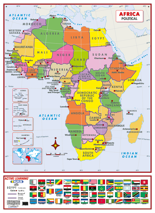Colorful political map of Africa with country names and flags on a white background.